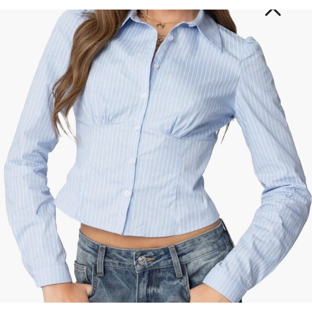 NWT EDIKTED Pinstripe Cotton Poplin Button Up Shirt Blue Medium